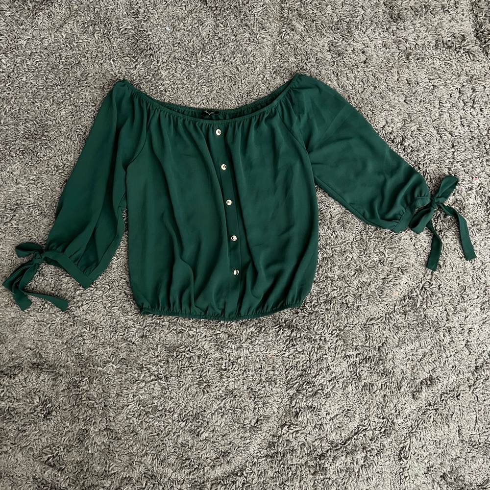Teal Off-the-Shoulder Button Down Top with Ties on Sleeves Size L